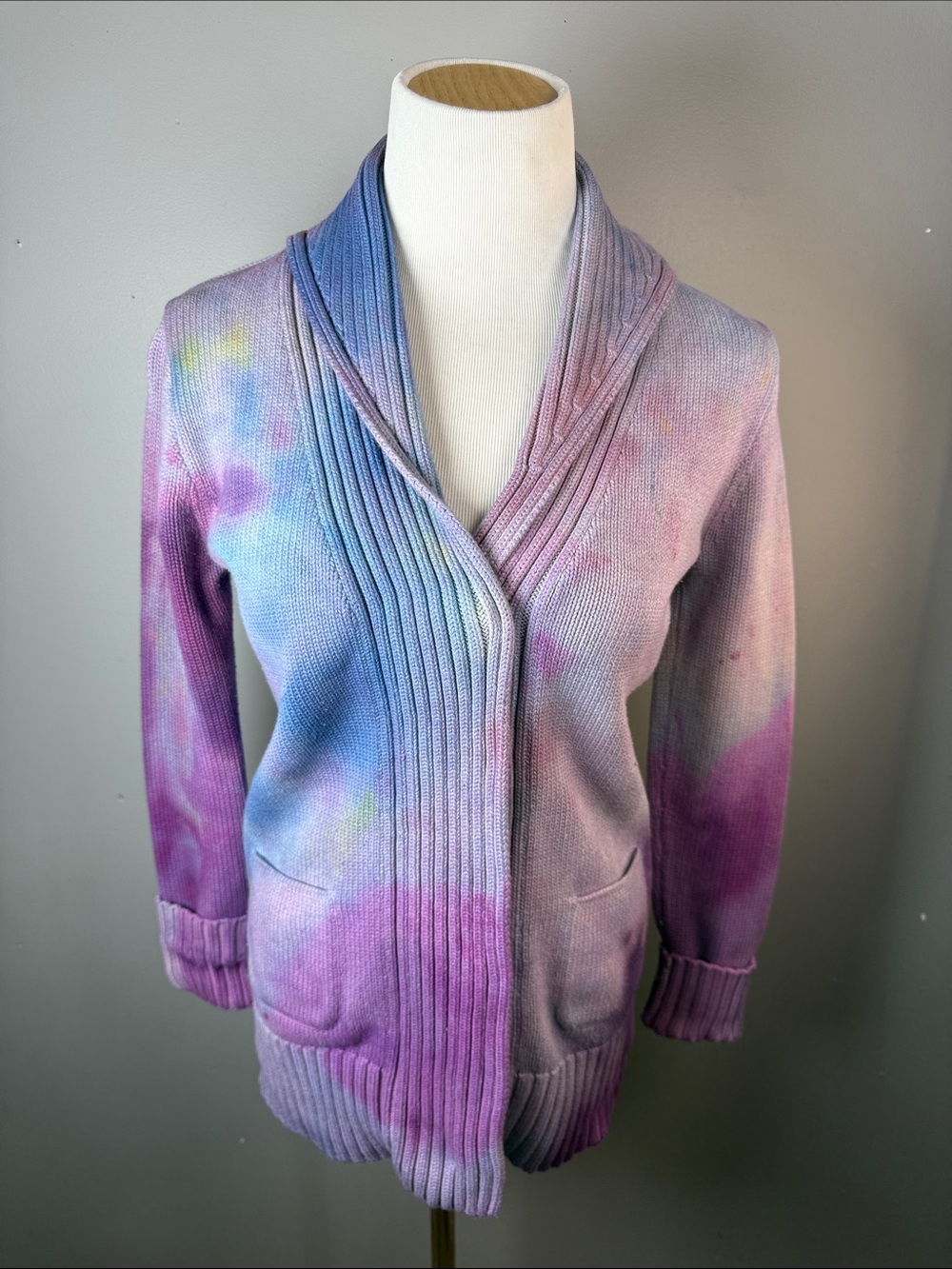 Tie-Dye Pastel Shawl Cardigan Sweater - Purple & Blue